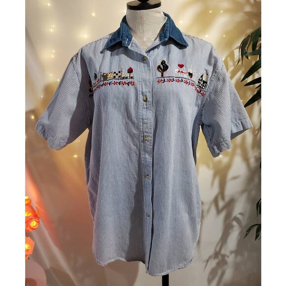 Lets Quizz Again Womens Vintage Embroidered Country Button Up Top Size M Striped - Picture 1 of 9